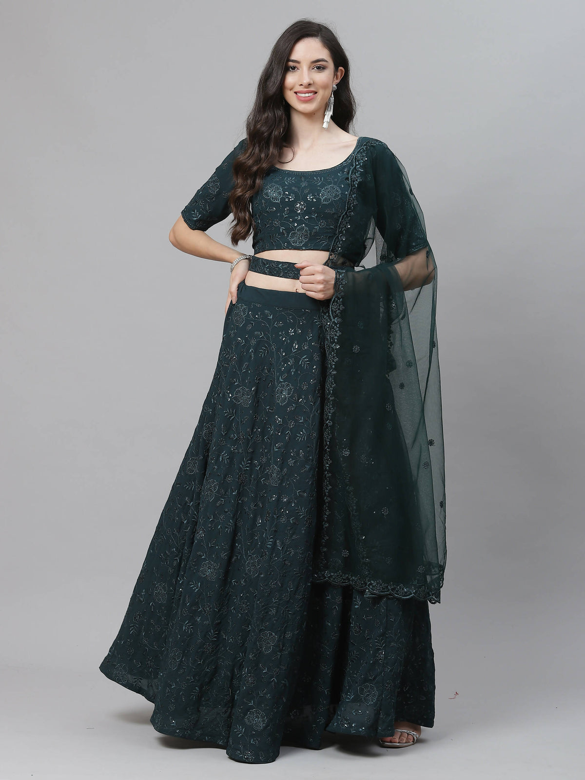 Green Georgette Thread with Sequins Embroidery Work Lehenga Choli with Dupatta - Jivika | Grocsy
