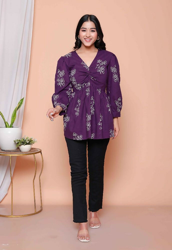 Miravan Womens Cotton Butterfly Style Floral Print V-Neck Top | Grocsy