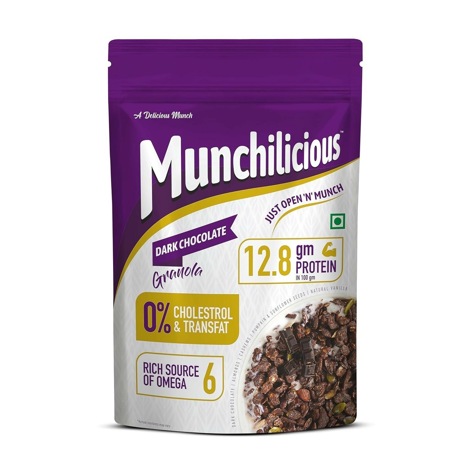 Munchilicious Granola - Dark Chocolate, Healthy & Nutritious Breakfast Cereal with Whole Nuts | Grocsy