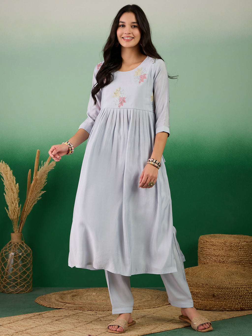Blue Embroidered Muslin Kurta and Trouser - Berlin | Grocsy
