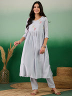 Blue Embroidered Muslin Kurta and Trouser - Berlin | Grocsy