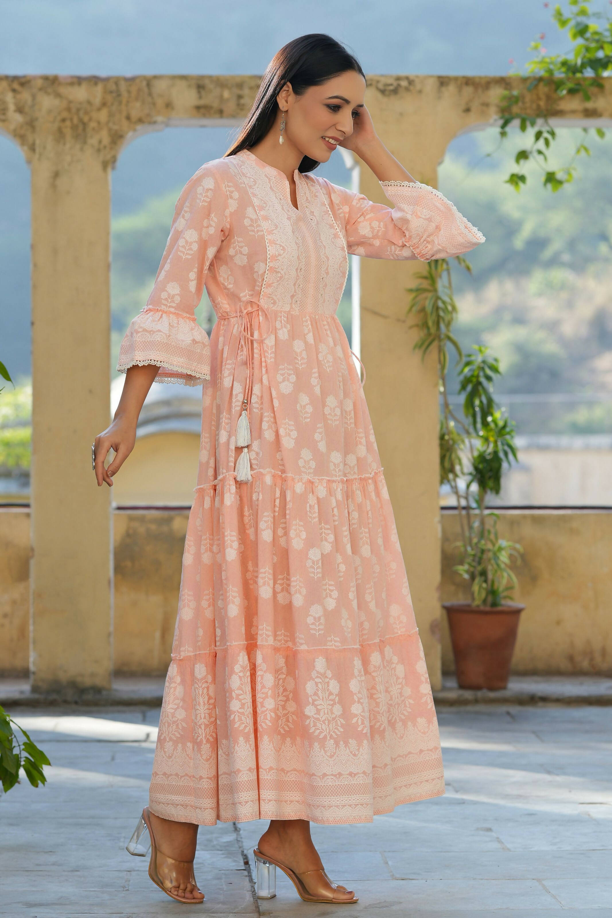 Juniper Women's Peach Cambric Floral Printed Maxi Tiered Dress | Grocsy