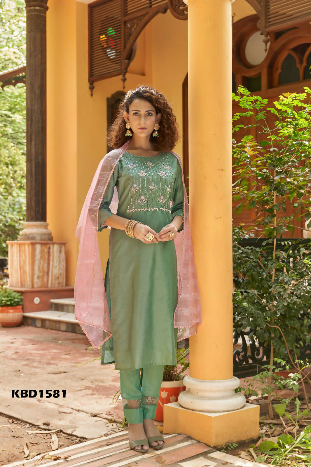 Green Chinon Embroidered Kurta and Bottom with Dupatta - Akashara | Grocsy