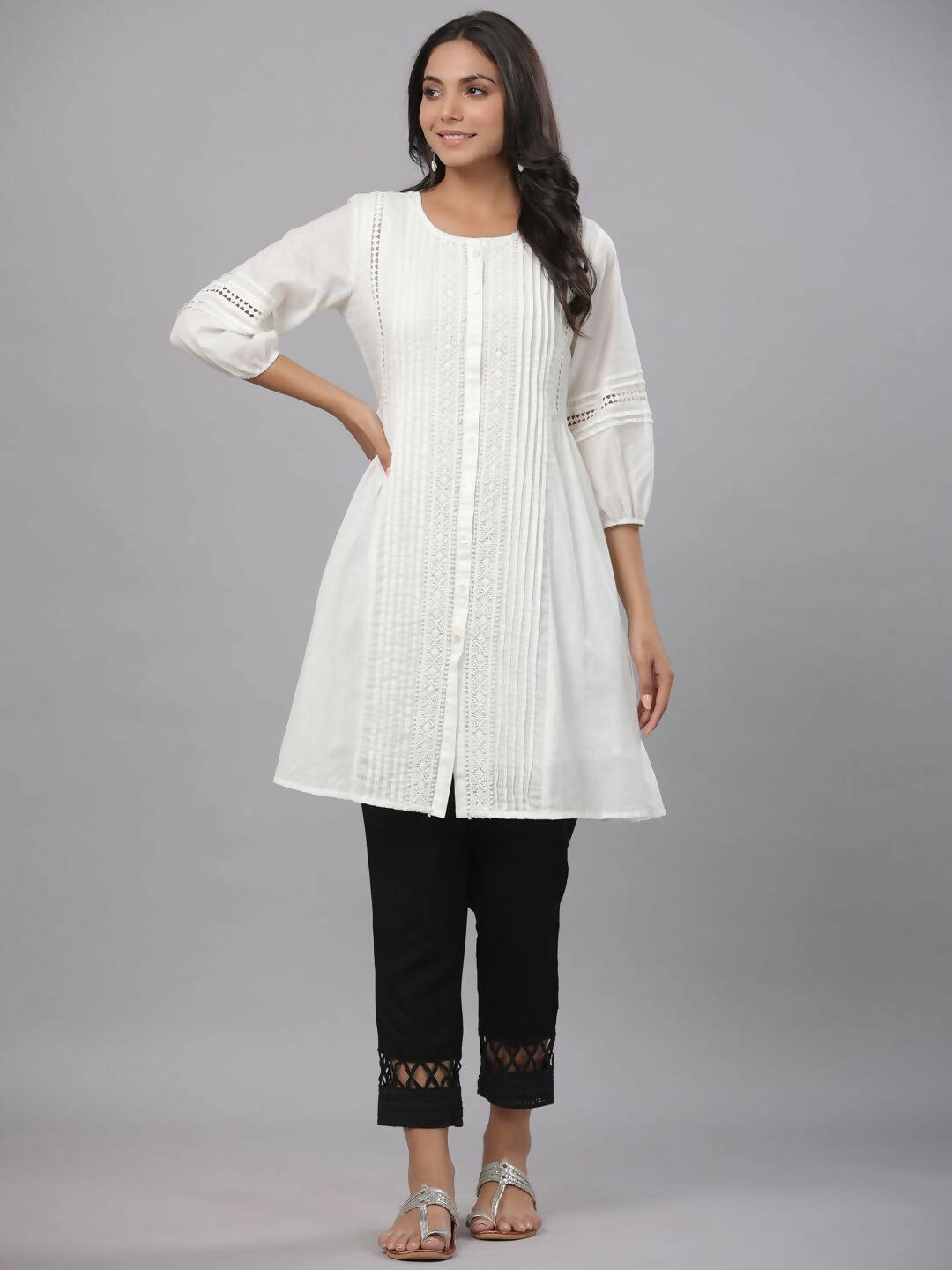 Juniper Women's White Cotton Silk Solid A-Line Kurta | Grocsy