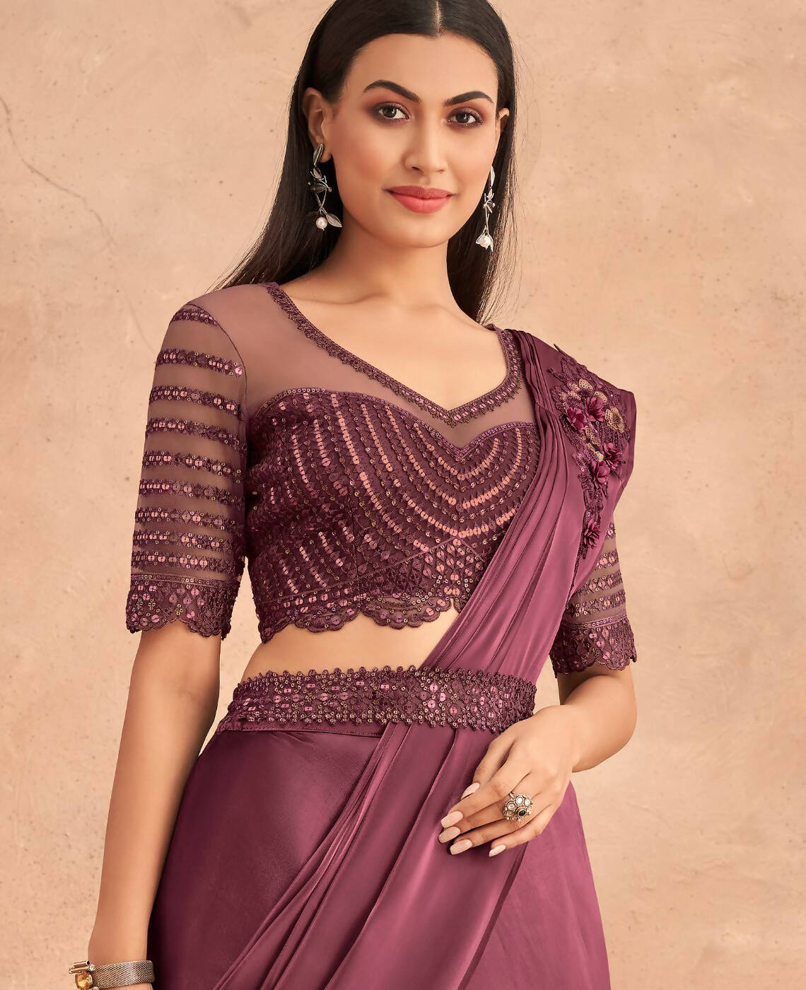 Wine Satin Embroidered Ready To Wear Saree With Unstitched Blouse Piece - Nandika | Grocsy