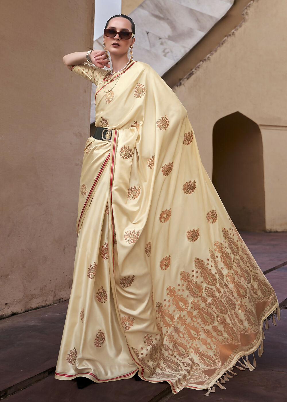 Buttermilk Beige Pure Satin Zari Weaving Wedding Festive Saree - Emponline | Grocsy