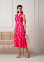 Juniper Coral Fuchsia Sleeveless Floral Tiered Dress | Grocsy