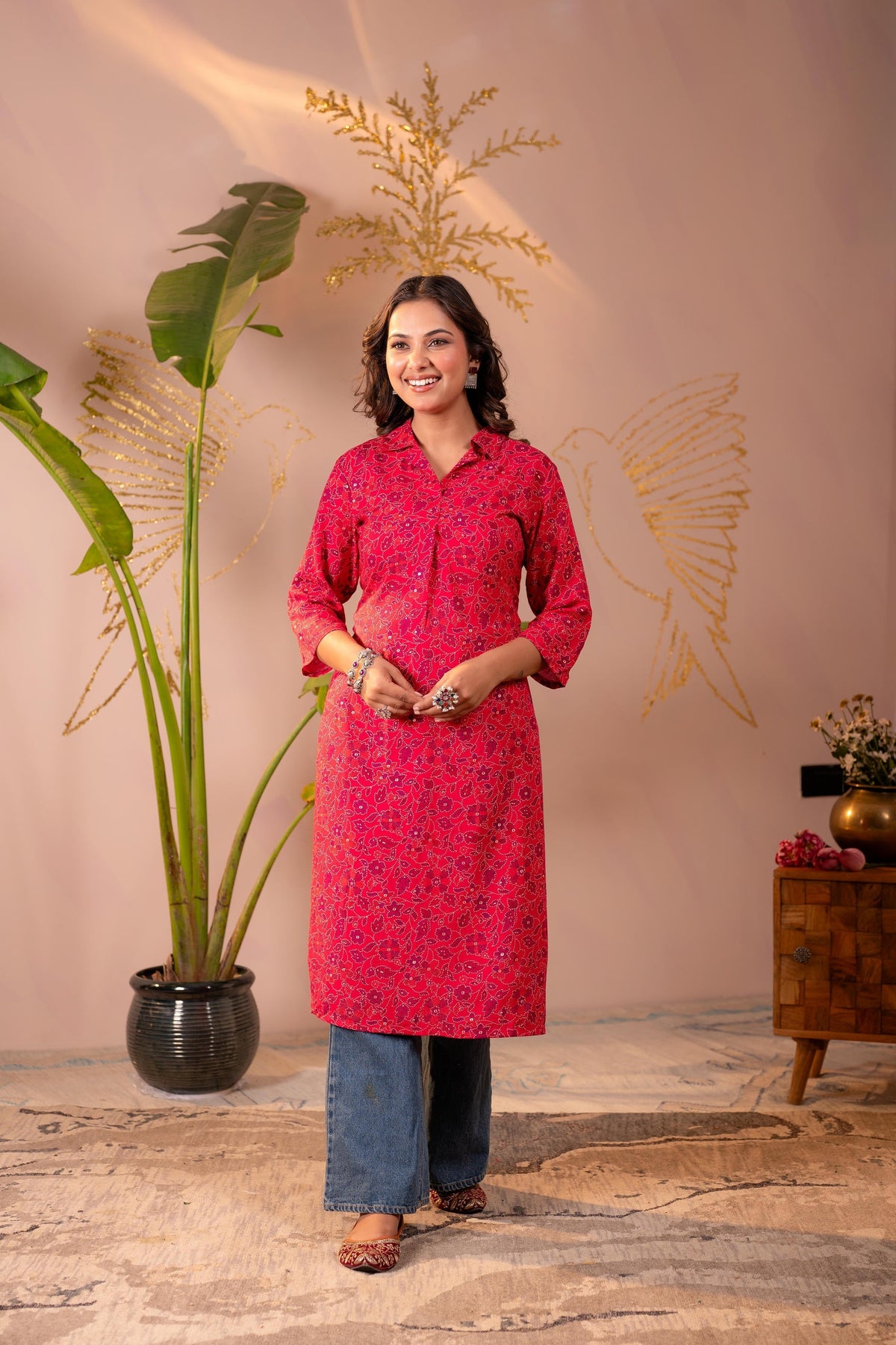 Juniper Fuchsia Floral Printed Straight Kurta | Grocsy