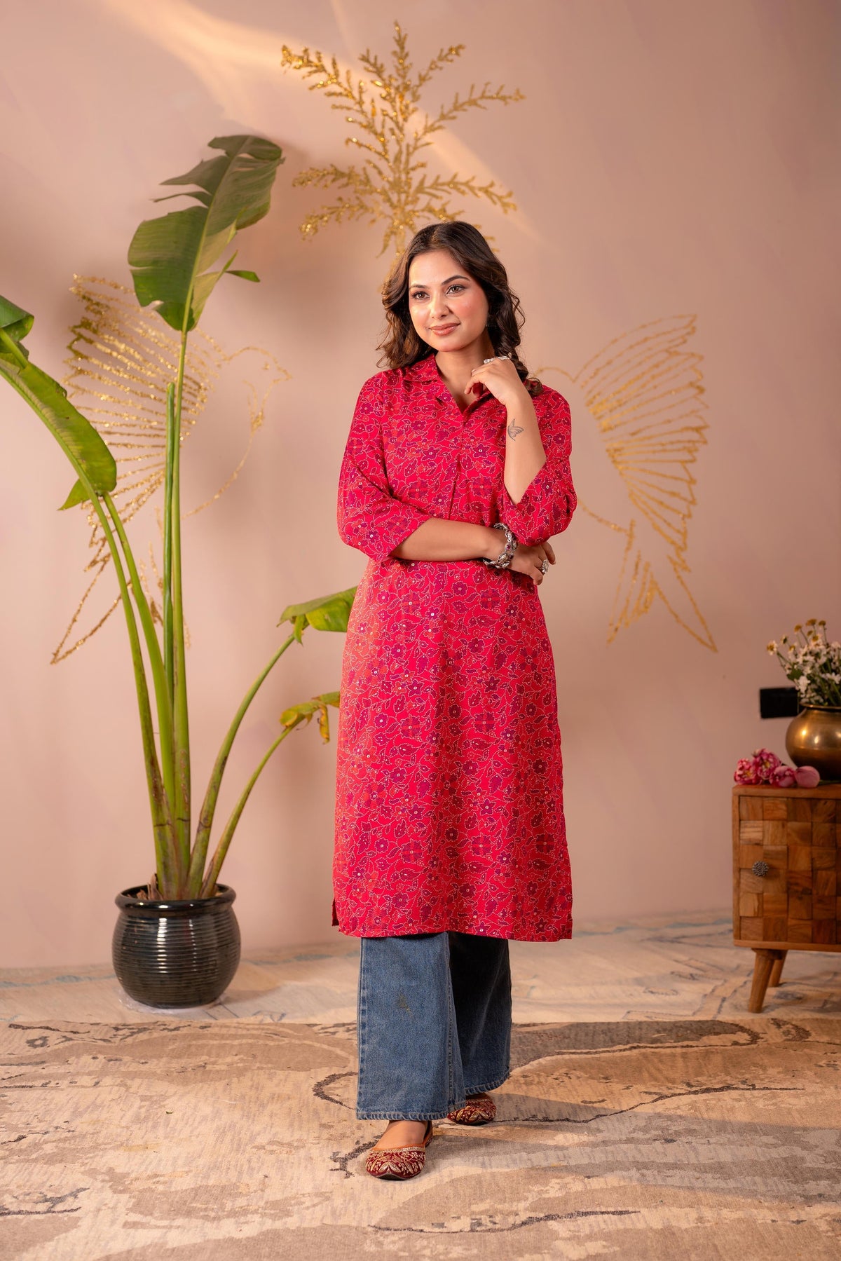 Juniper Fuchsia Floral Printed Straight Kurta | Grocsy