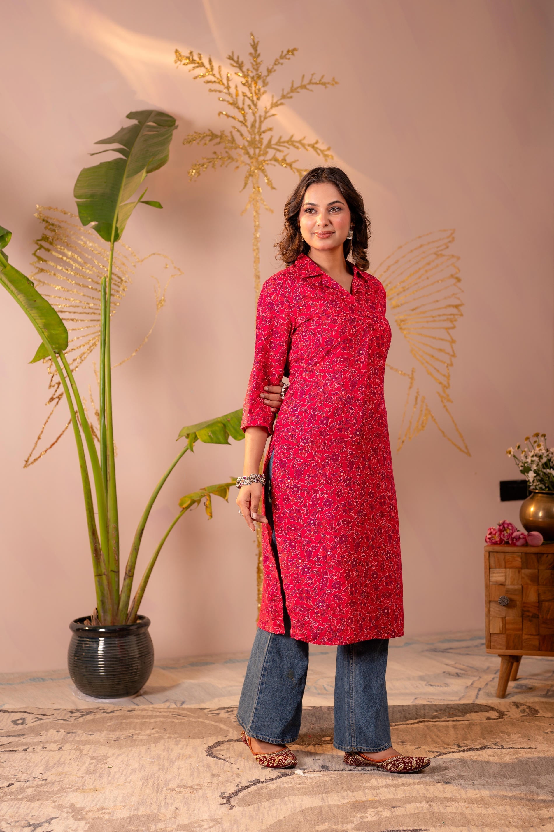 Juniper Fuchsia Floral Printed Straight Kurta | Grocsy