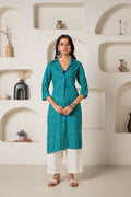 Juniper Teal Printed Collar-Neck Straight Kurta With Minimal Detailing | Grocsy
