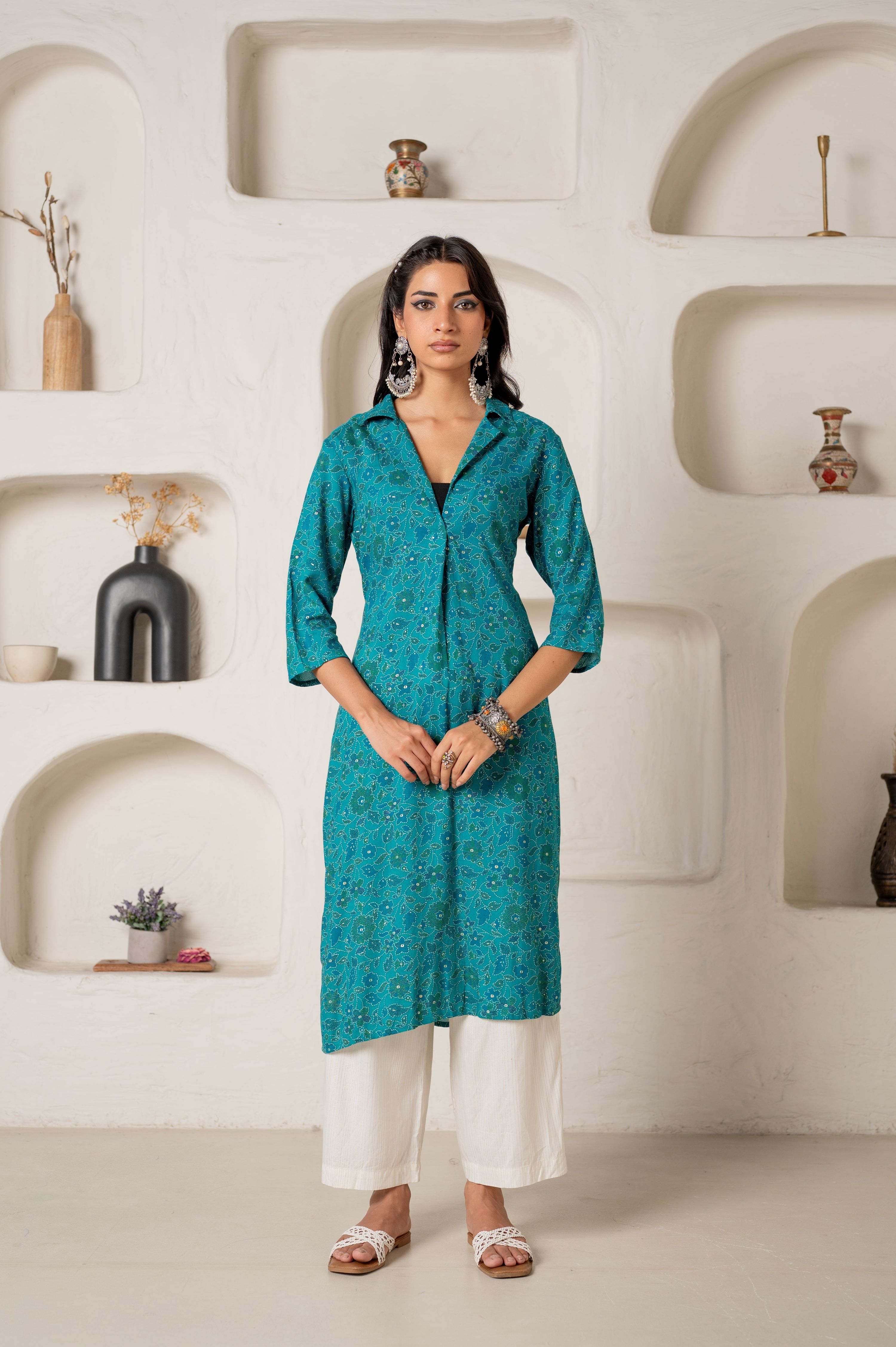 Juniper Teal Printed Collar-Neck Straight Kurta With Minimal Detailing | Grocsy