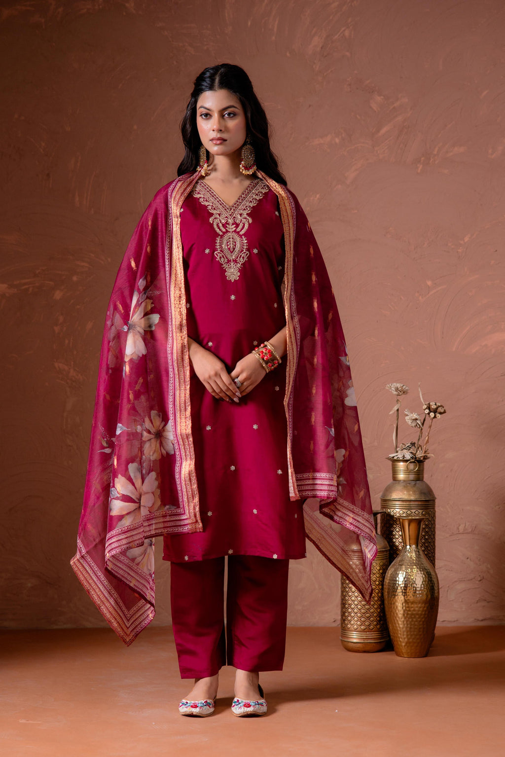 Juniper Cherry Embroidered Suit Set With Printed Floral Dupatta | Grocsy