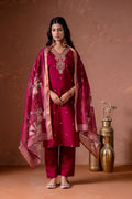 Juniper Cherry Embroidered Suit Set With Printed Floral Dupatta | Grocsy