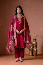 Juniper Cherry Embroidered Suit Set With Printed Floral Dupatta | Grocsy