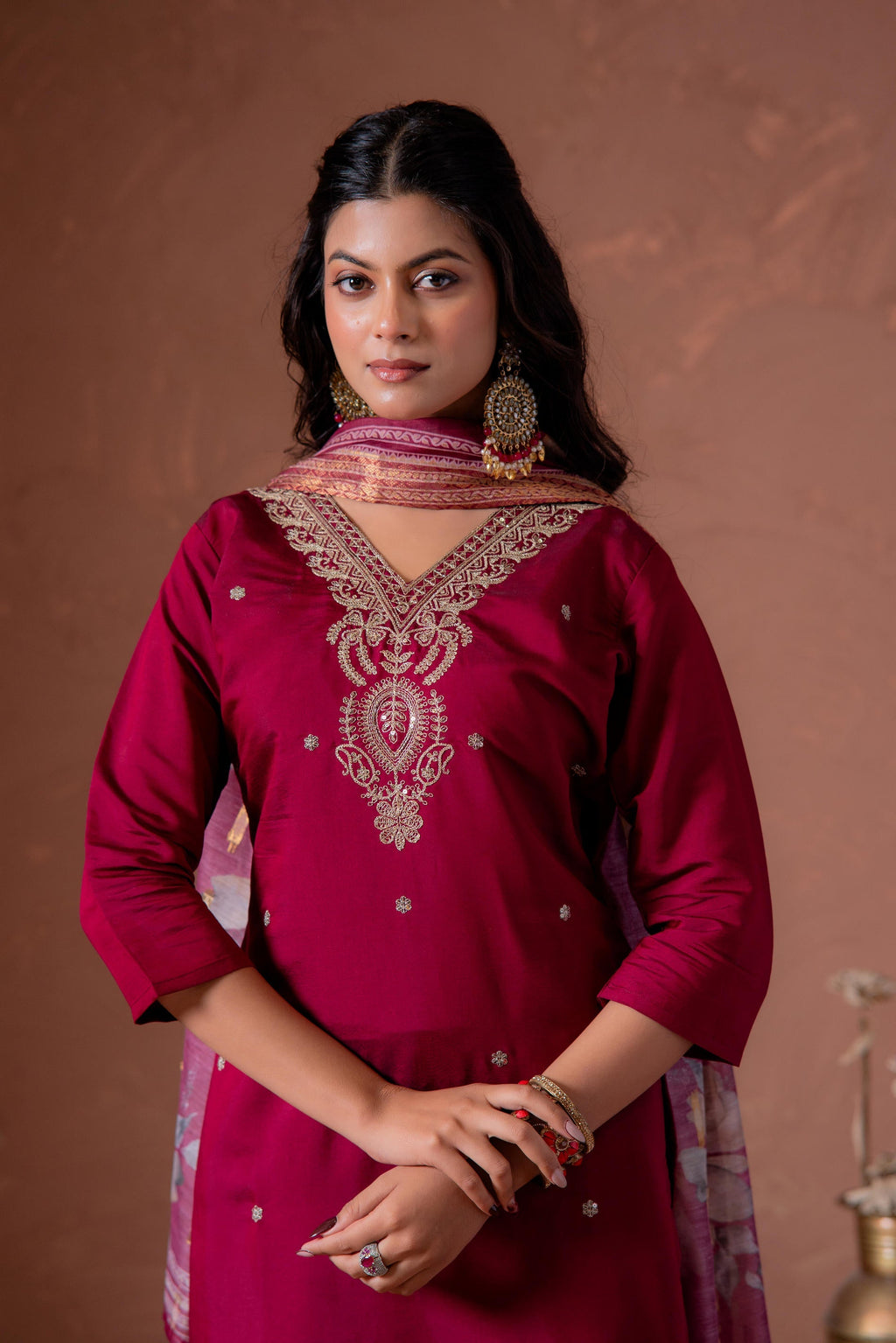 Juniper Cherry Embroidered Suit Set With Printed Floral Dupatta | Grocsy