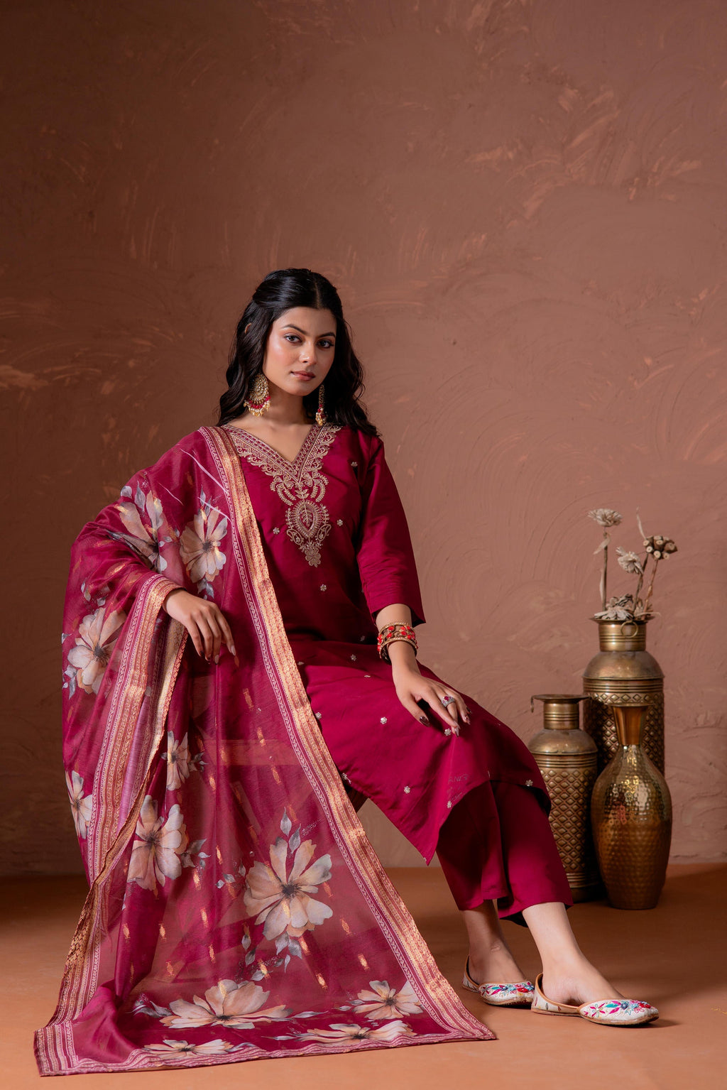 Juniper Cherry Embroidered Suit Set With Printed Floral Dupatta | Grocsy