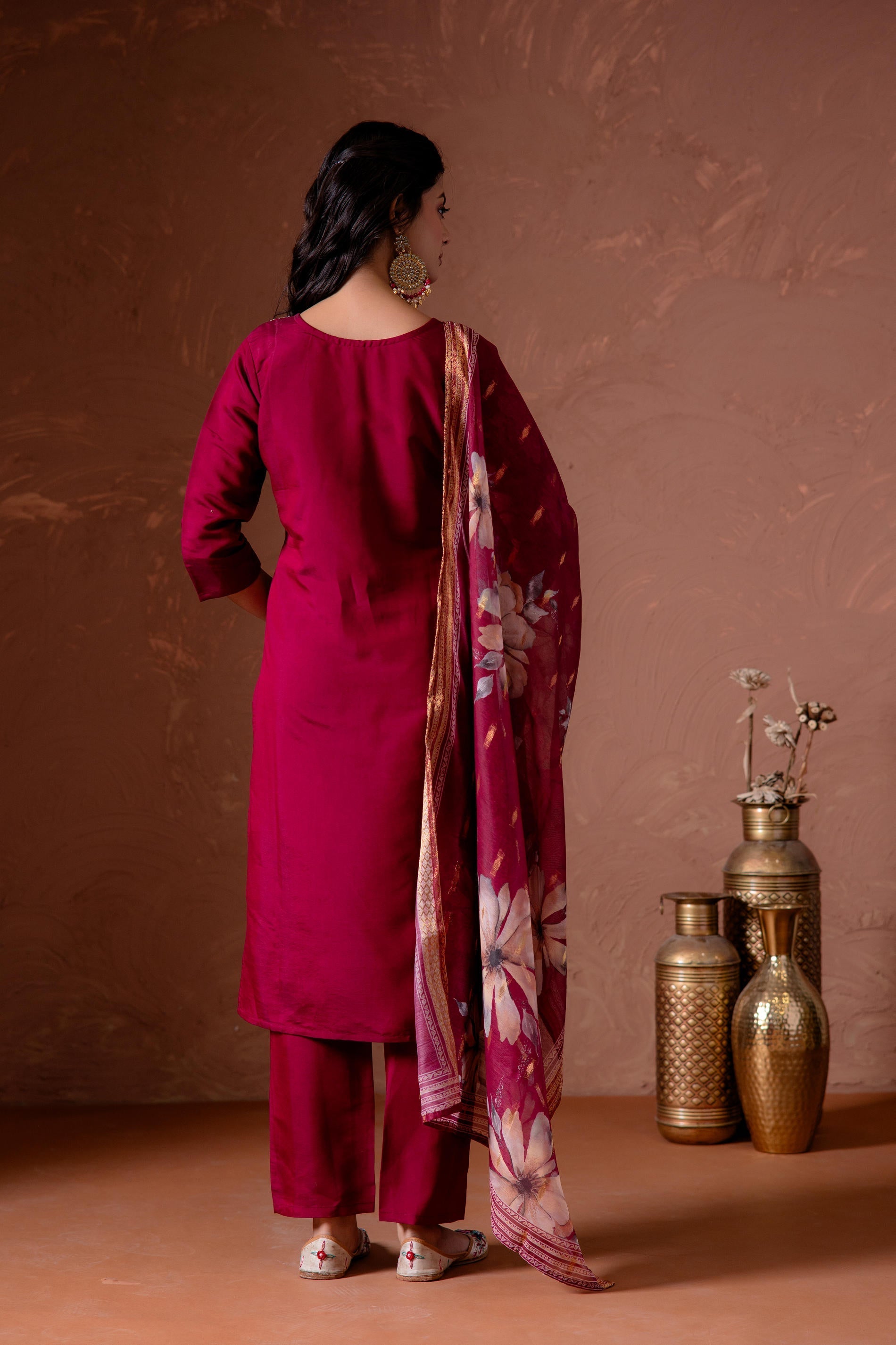 Juniper Cherry Embroidered Suit Set With Printed Floral Dupatta | Grocsy