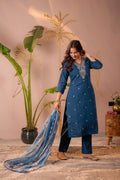 Juniper Teal Embroidered Suit Set With Printed Floral Dupatta | Grocsy