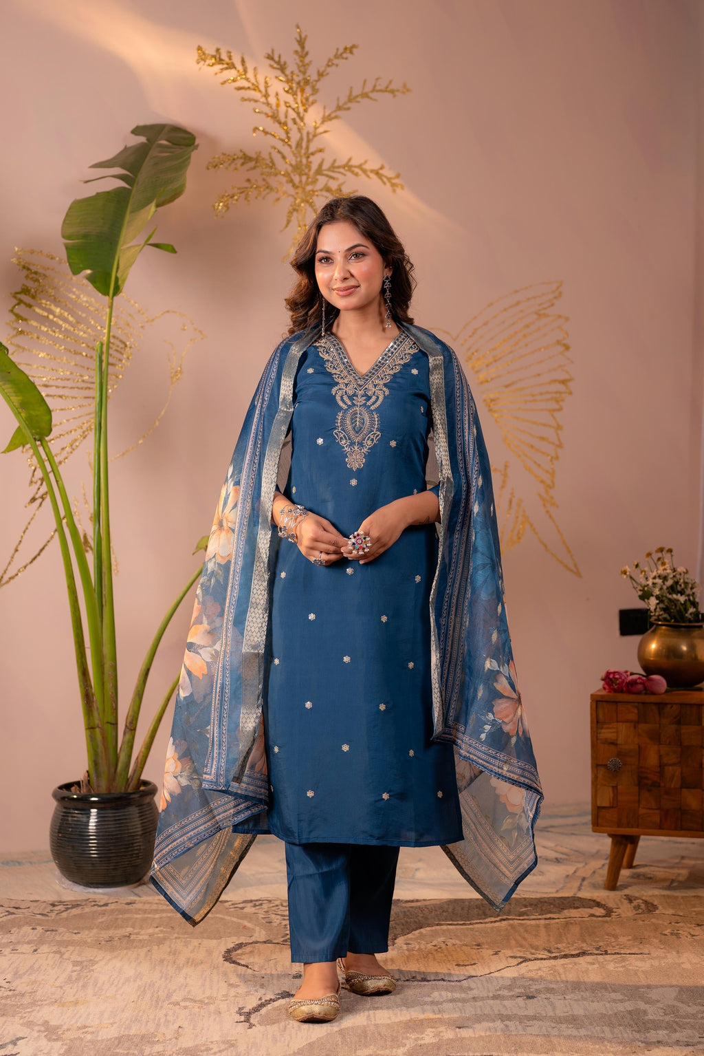 Juniper Teal Embroidered Suit Set With Printed Floral Dupatta | Grocsy