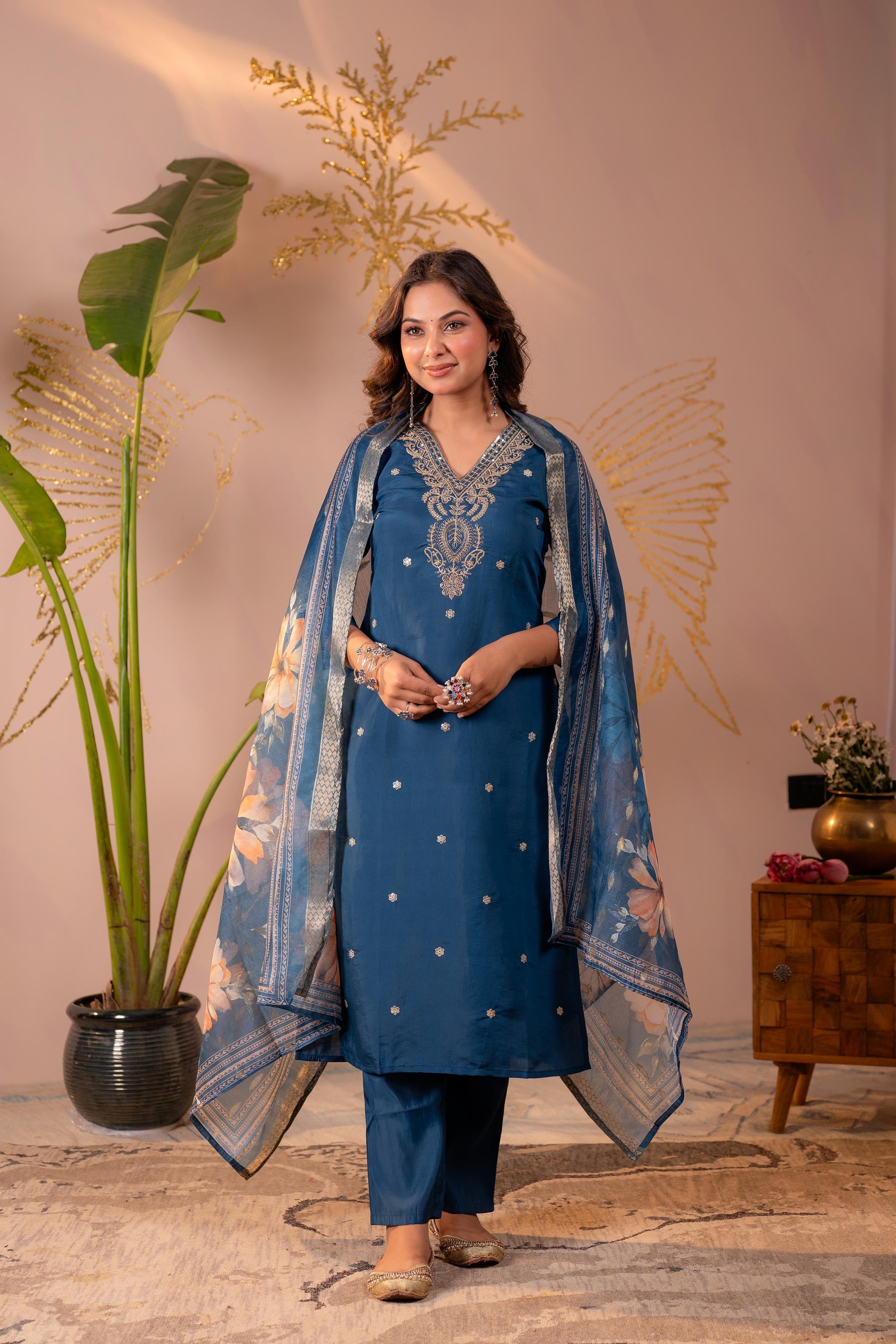 Juniper Teal Embroidered Suit Set With Printed Floral Dupatta | Grocsy