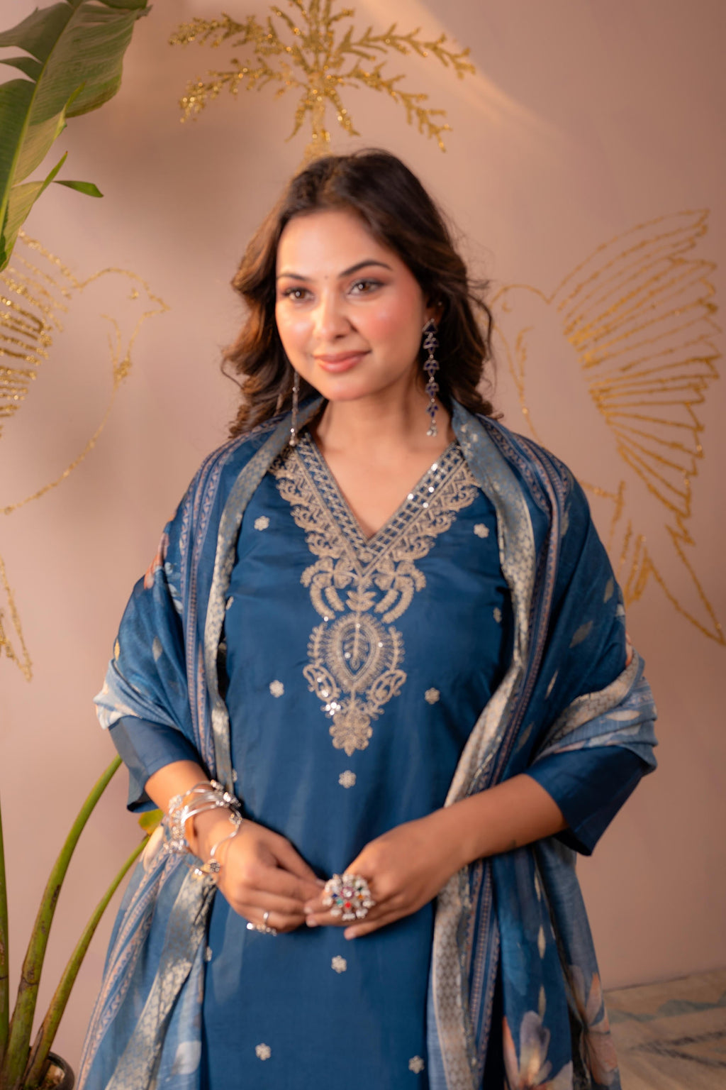 Juniper Teal Embroidered Suit Set With Printed Floral Dupatta | Grocsy