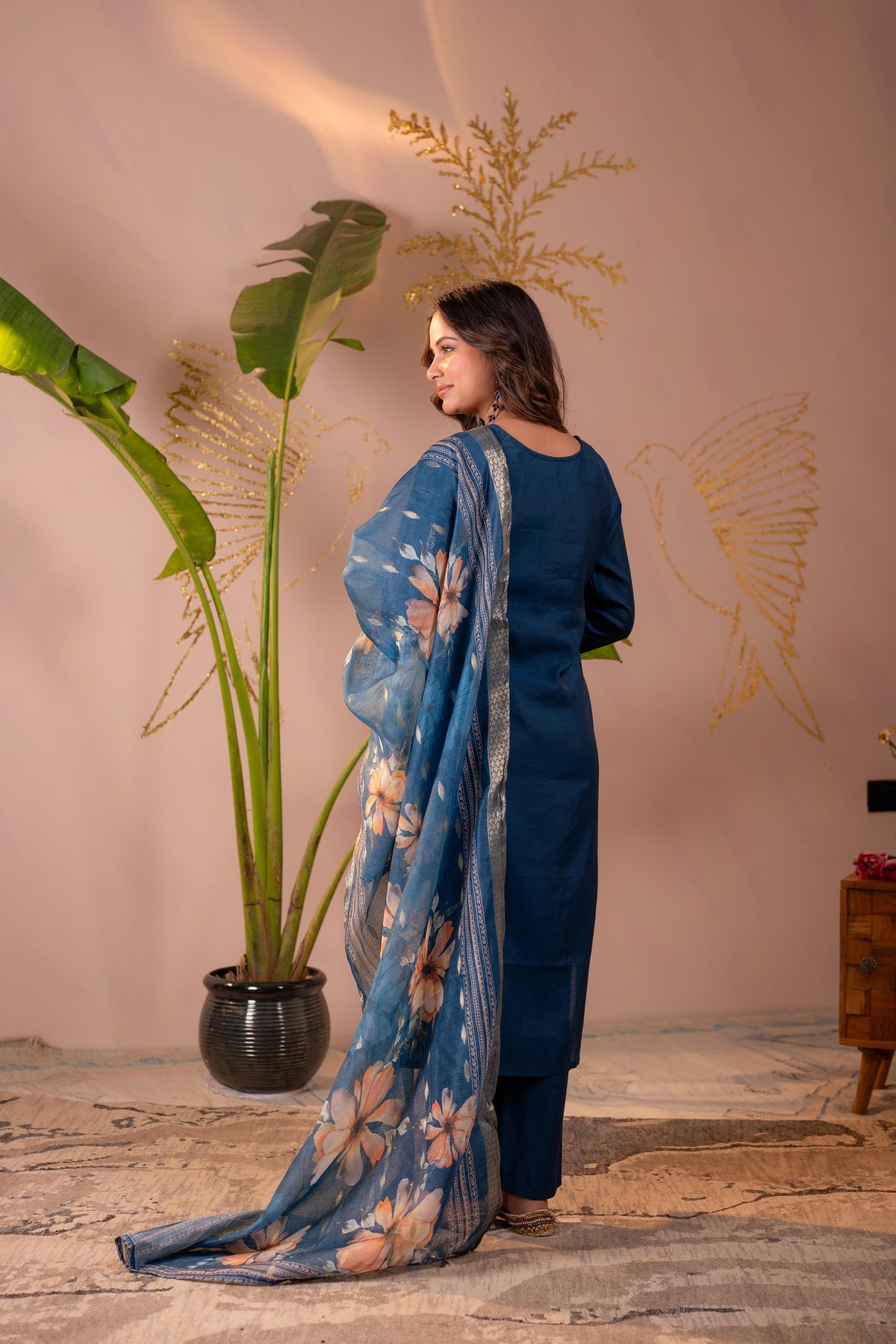 Juniper Teal Embroidered Suit Set With Printed Floral Dupatta | Grocsy