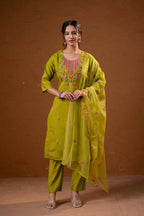 Juniper Green Embroidered Straight Kurta Set With Dupatta | Grocsy