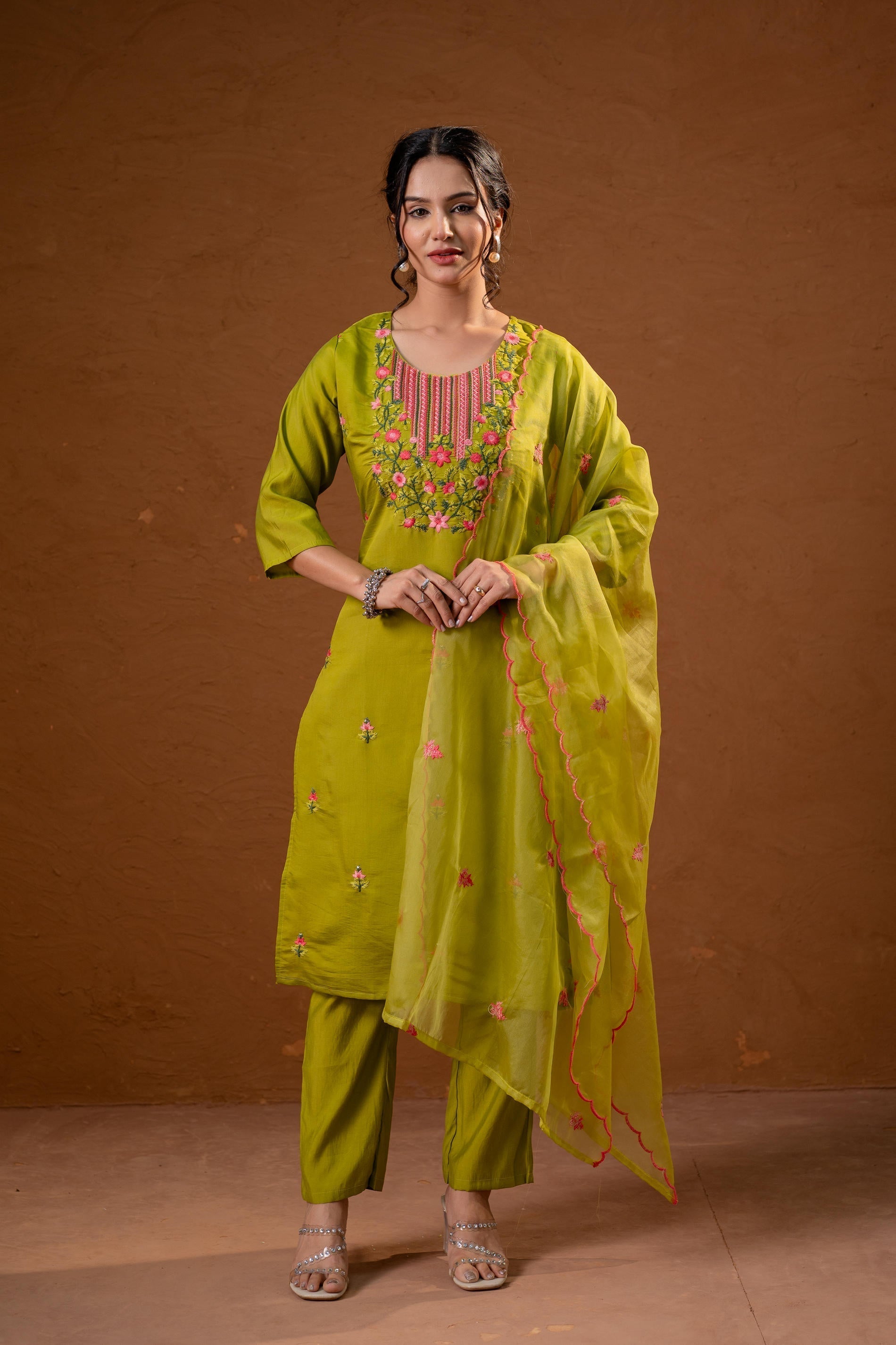 Juniper Green Embroidered Straight Kurta Set With Dupatta | Grocsy