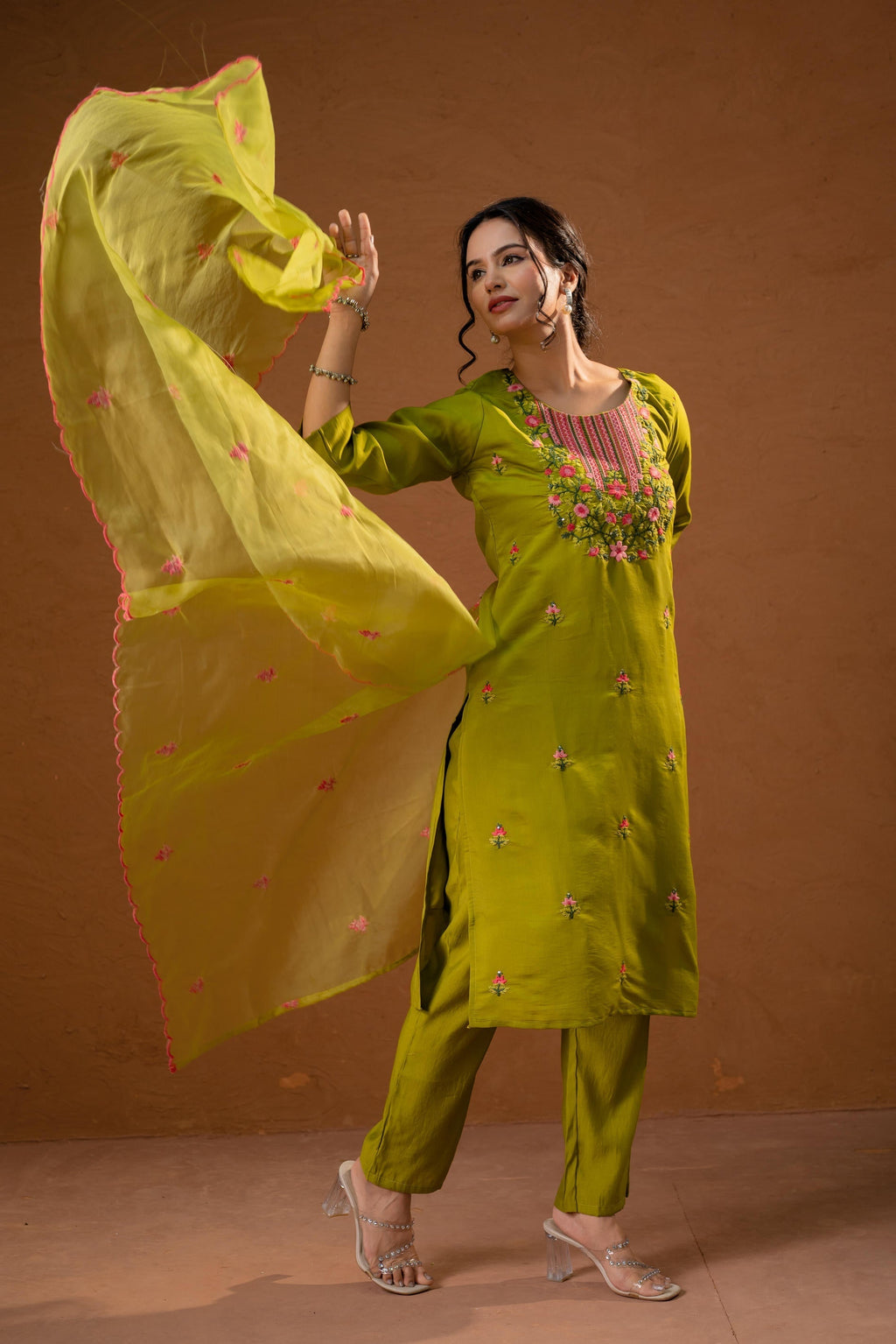 Juniper Green Embroidered Straight Kurta Set With Dupatta | Grocsy
