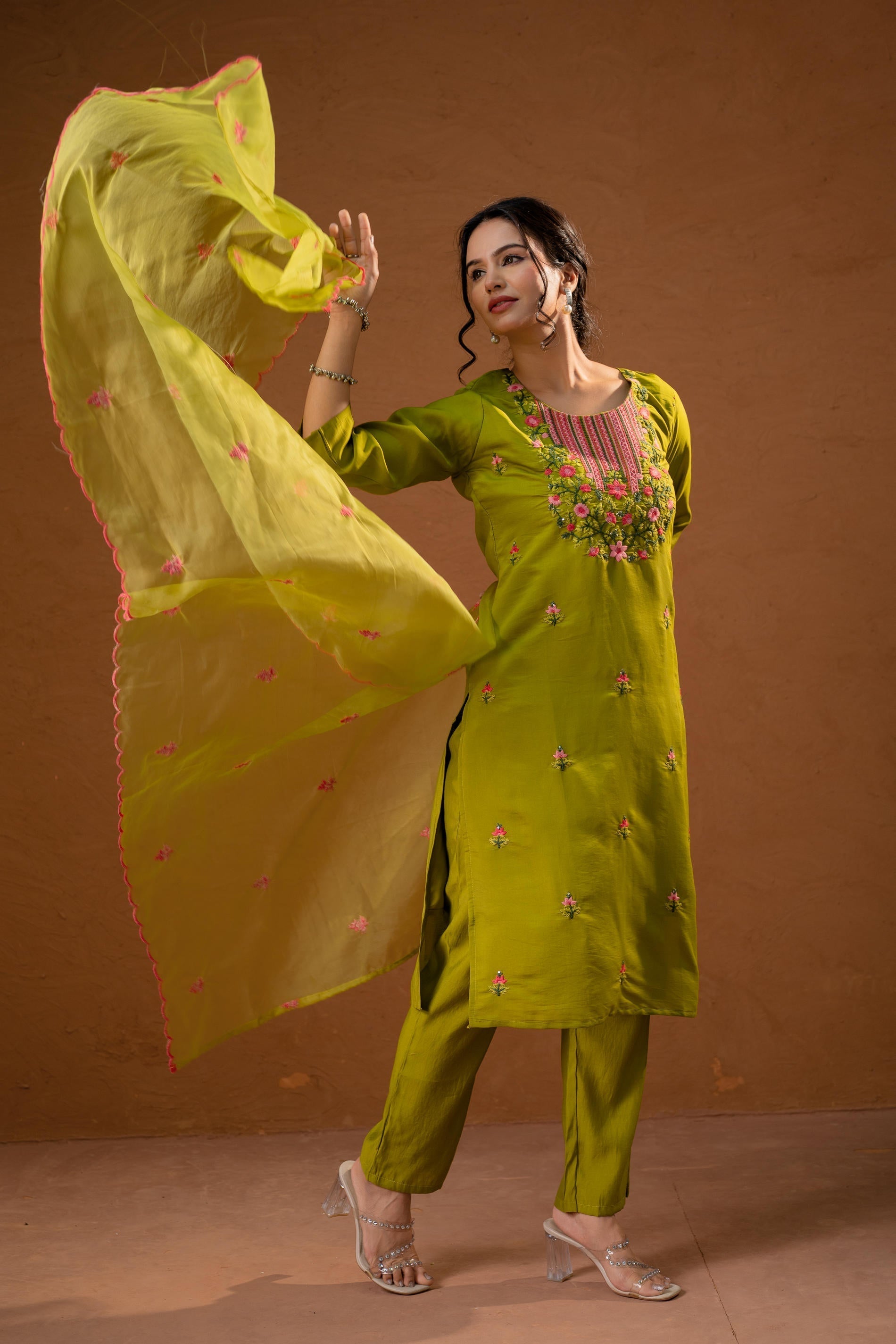 Juniper Green Embroidered Straight Kurta Set With Dupatta | Grocsy