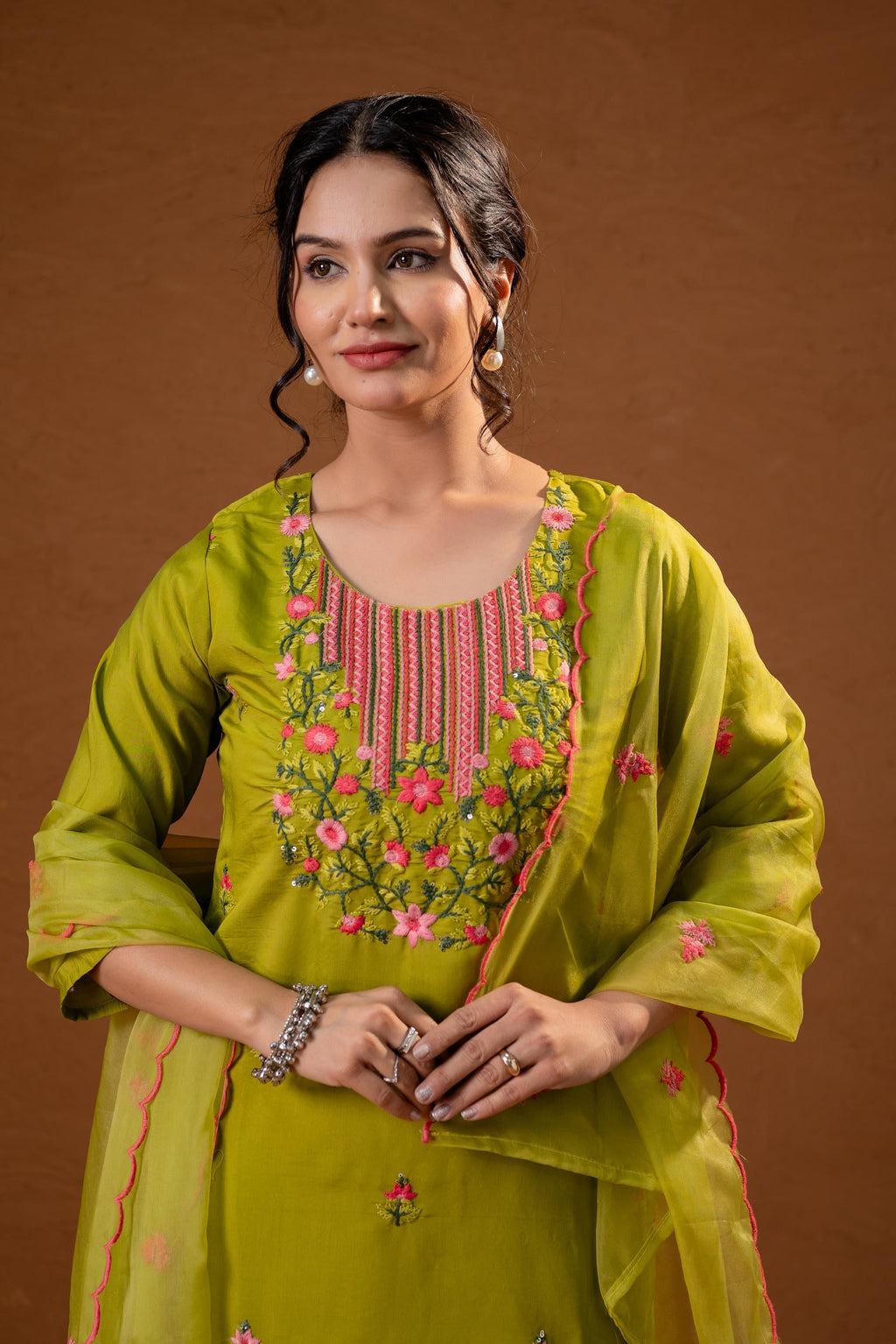 Juniper Green Embroidered Straight Kurta Set With Dupatta | Grocsy