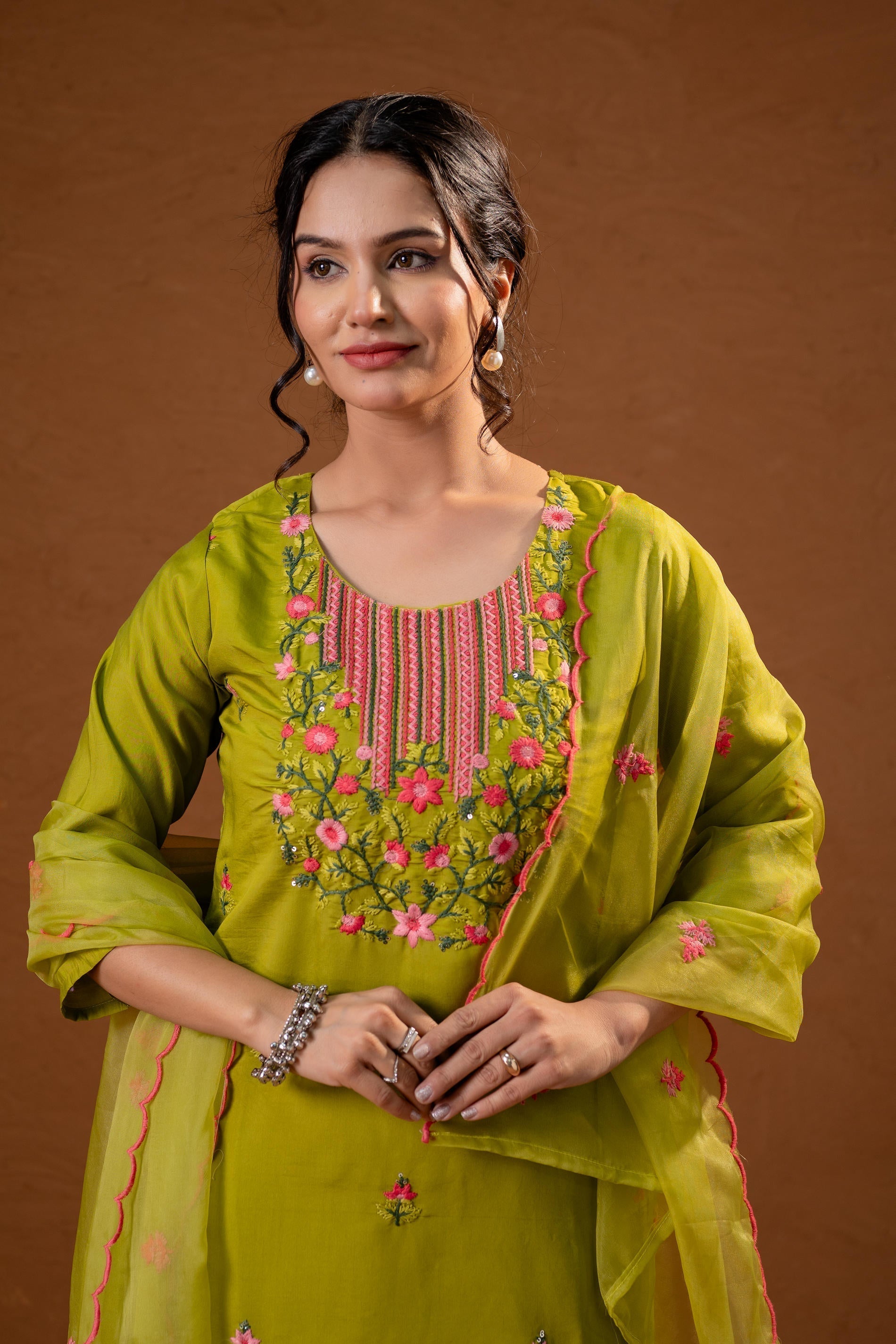 Juniper Green Embroidered Straight Kurta Set With Dupatta | Grocsy