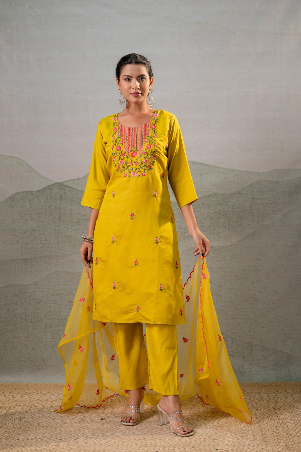 Juniper Mustard Embroidered Straight Kurta Set With Dupatta | Grocsy