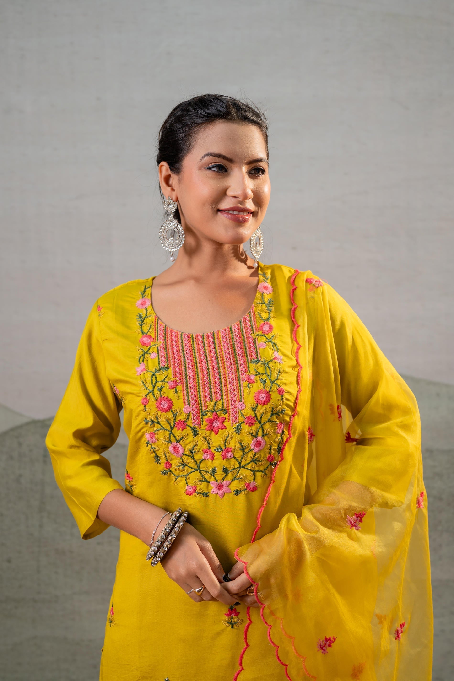 Juniper Mustard Embroidered Straight Kurta Set With Dupatta | Grocsy