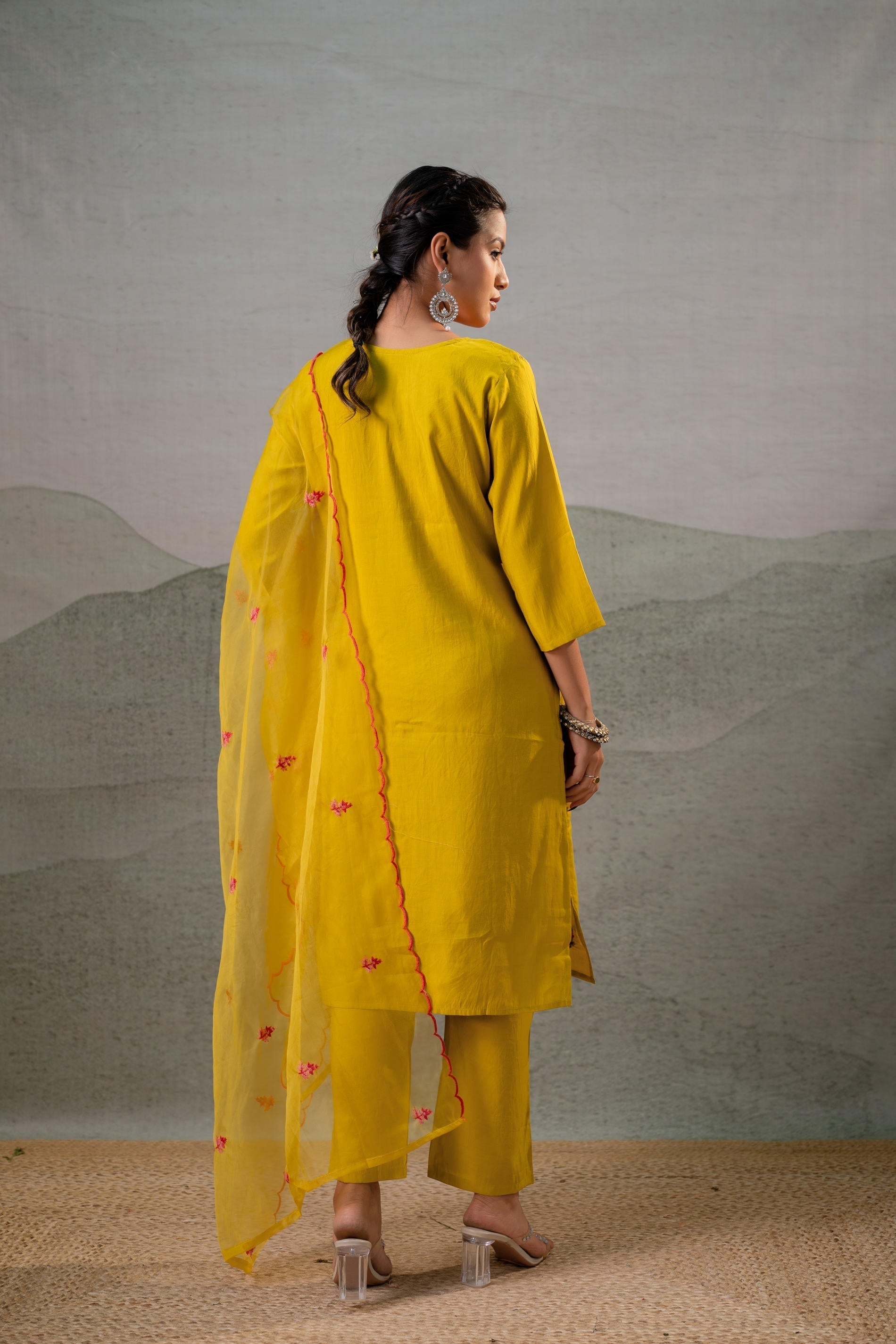 Juniper Mustard Embroidered Straight Kurta Set With Dupatta | Grocsy