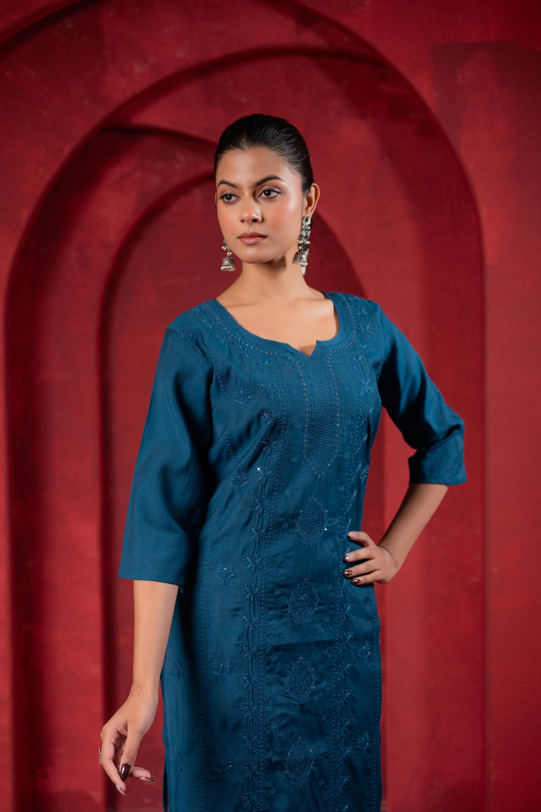 Juniper Teal Embroidered Kurta | Grocsy