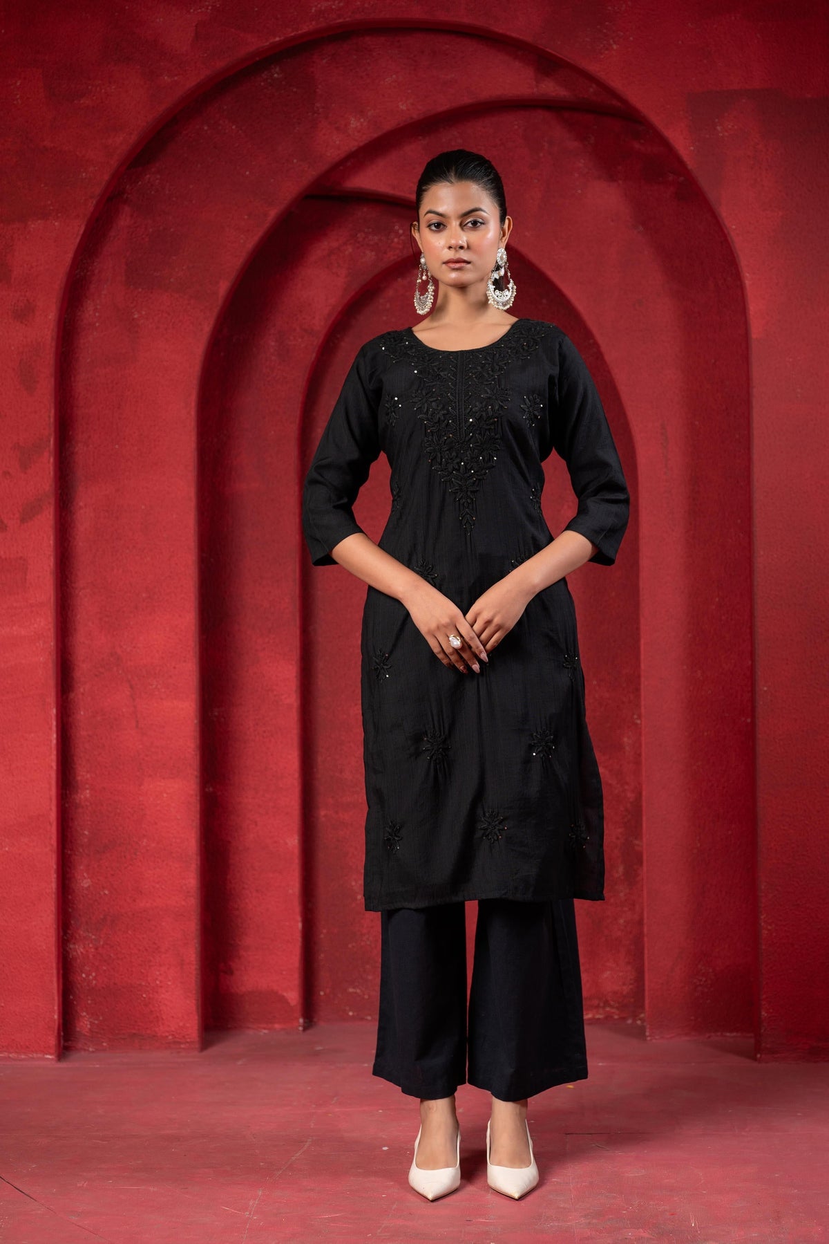 Juniper Black Tonal Sequin Embellished Straight Kurta Set | Grocsy