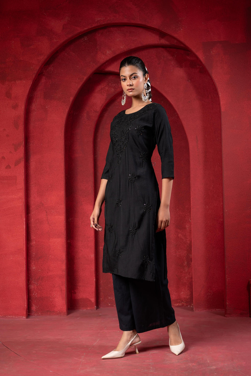 Juniper Black Tonal Sequin Embellished Straight Kurta Set | Grocsy