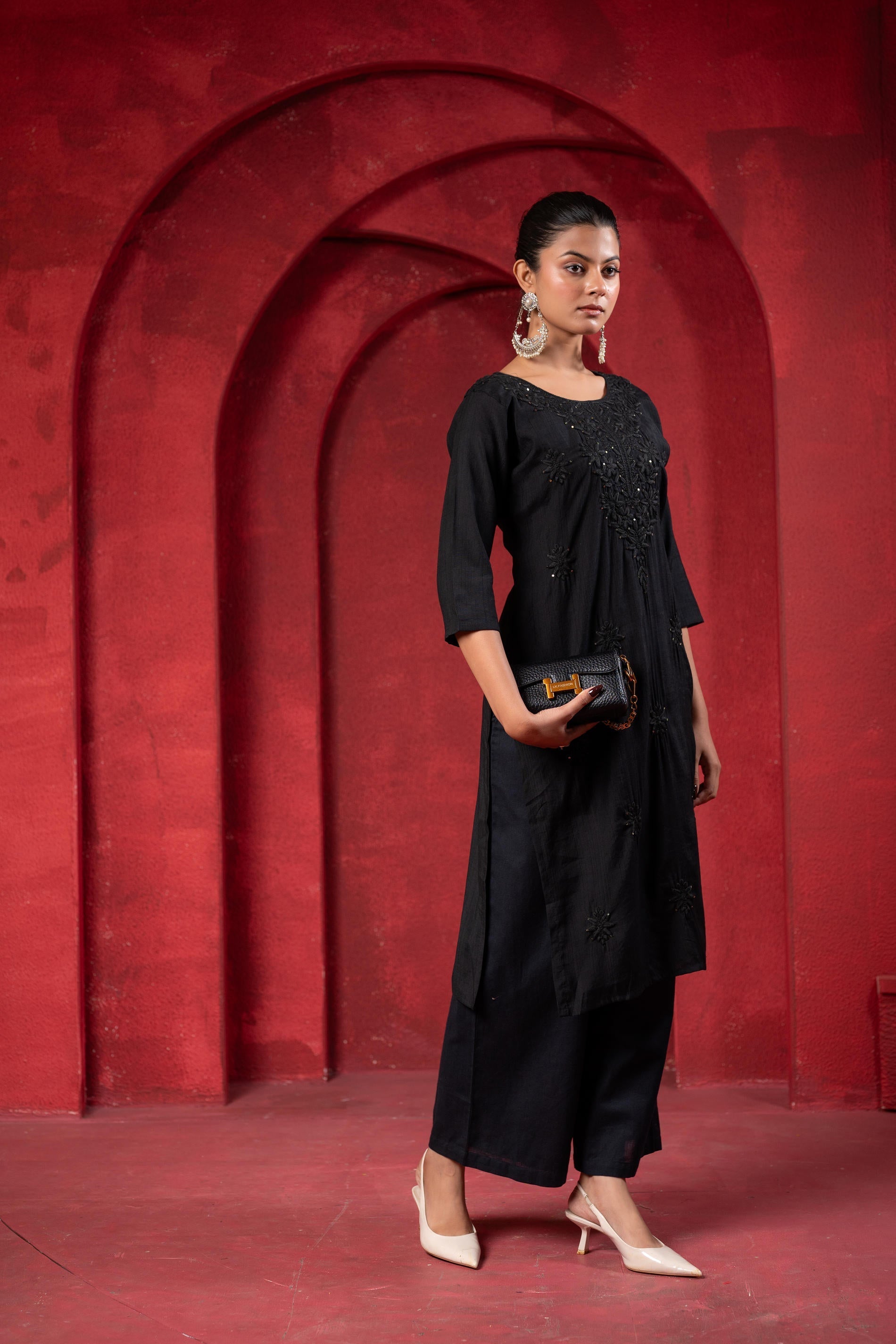 Juniper Black Tonal Sequin Embellished Straight Kurta Set | Grocsy