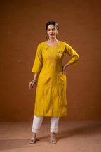 Juniper Mustard Tonal Sequin Embellished Straight Kurta Set | Grocsy