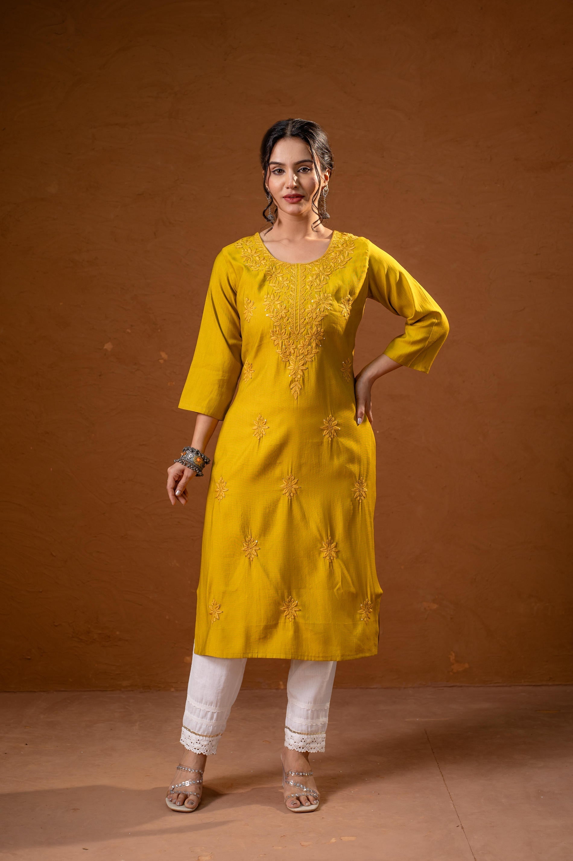 Juniper Mustard Tonal Sequin Embellished Straight Kurta Set | Grocsy