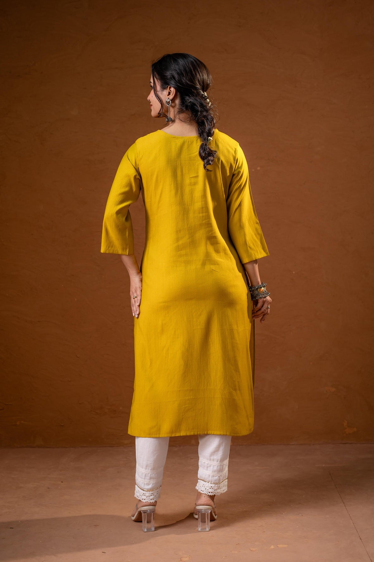 Juniper Mustard Tonal Sequin Embellished Straight Kurta Set | Grocsy
