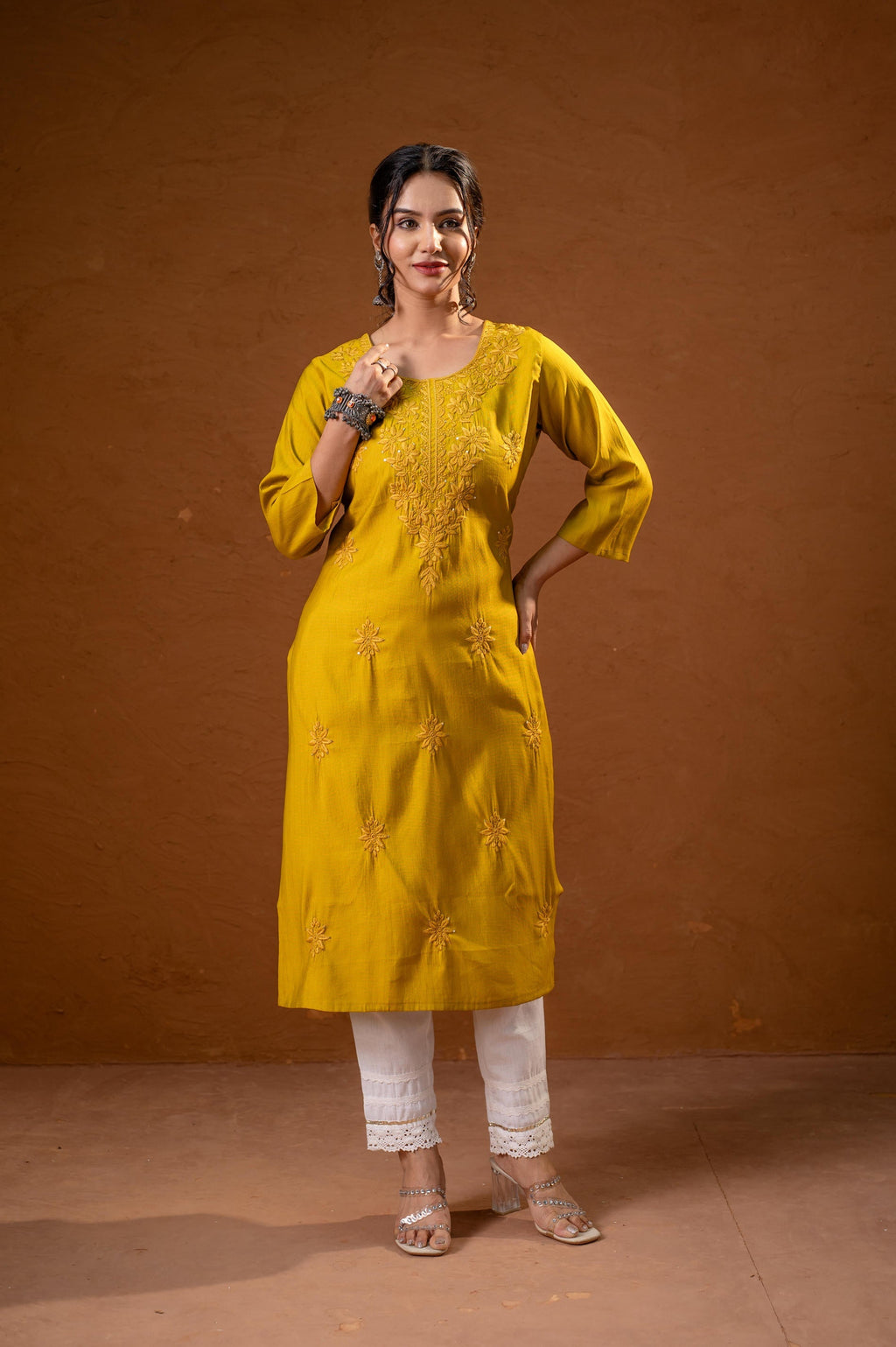 Juniper Mustard Tonal Sequin Embellished Straight Kurta Set | Grocsy