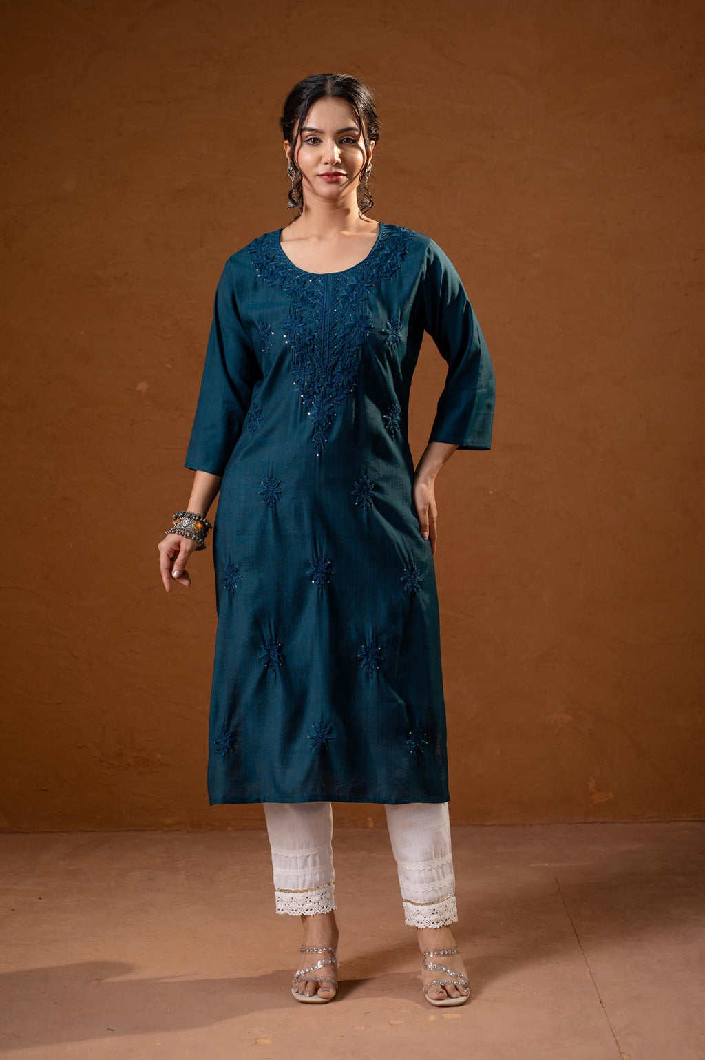 Juniper Teal Tonal Sequin Embellished Straight Kurta Set | Grocsy