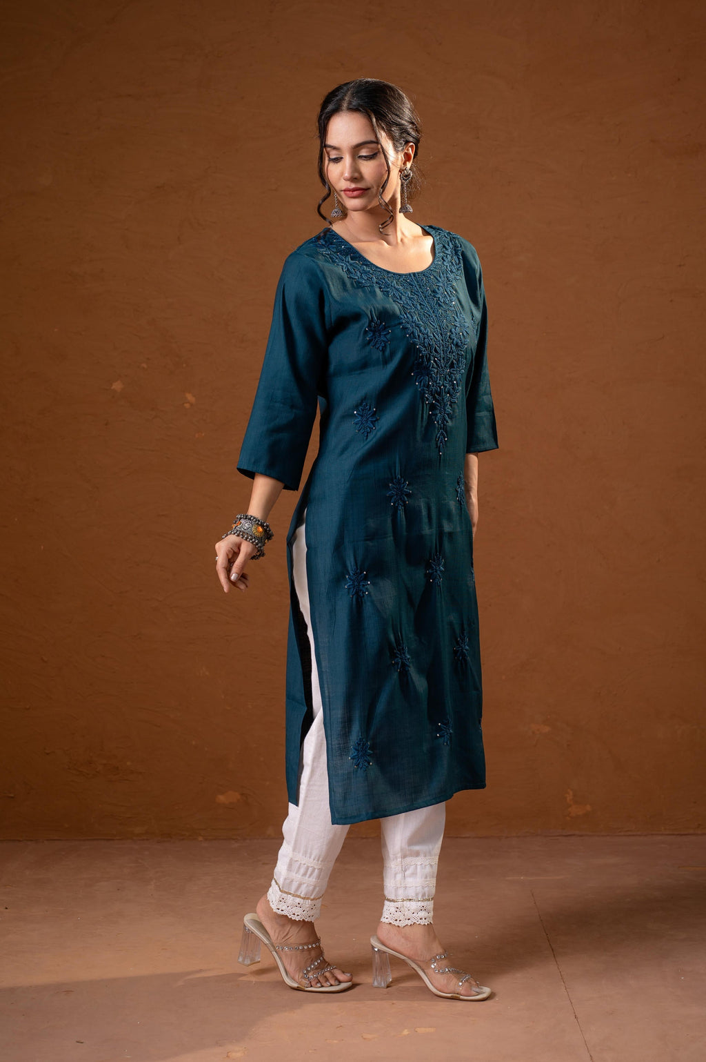 Juniper Teal Tonal Sequin Embellished Straight Kurta Set | Grocsy