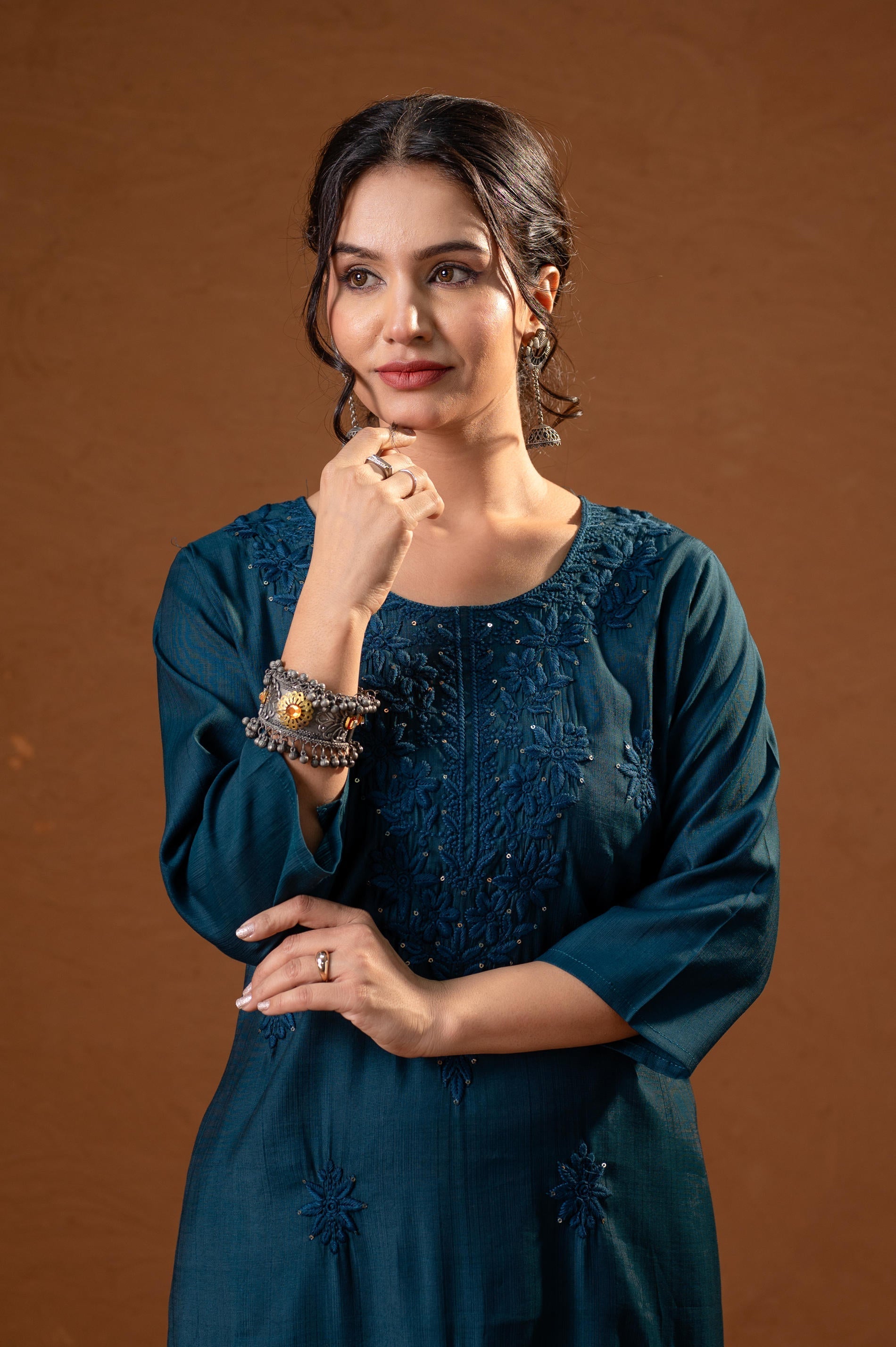 Juniper Teal Tonal Sequin Embellished Straight Kurta Set | Grocsy