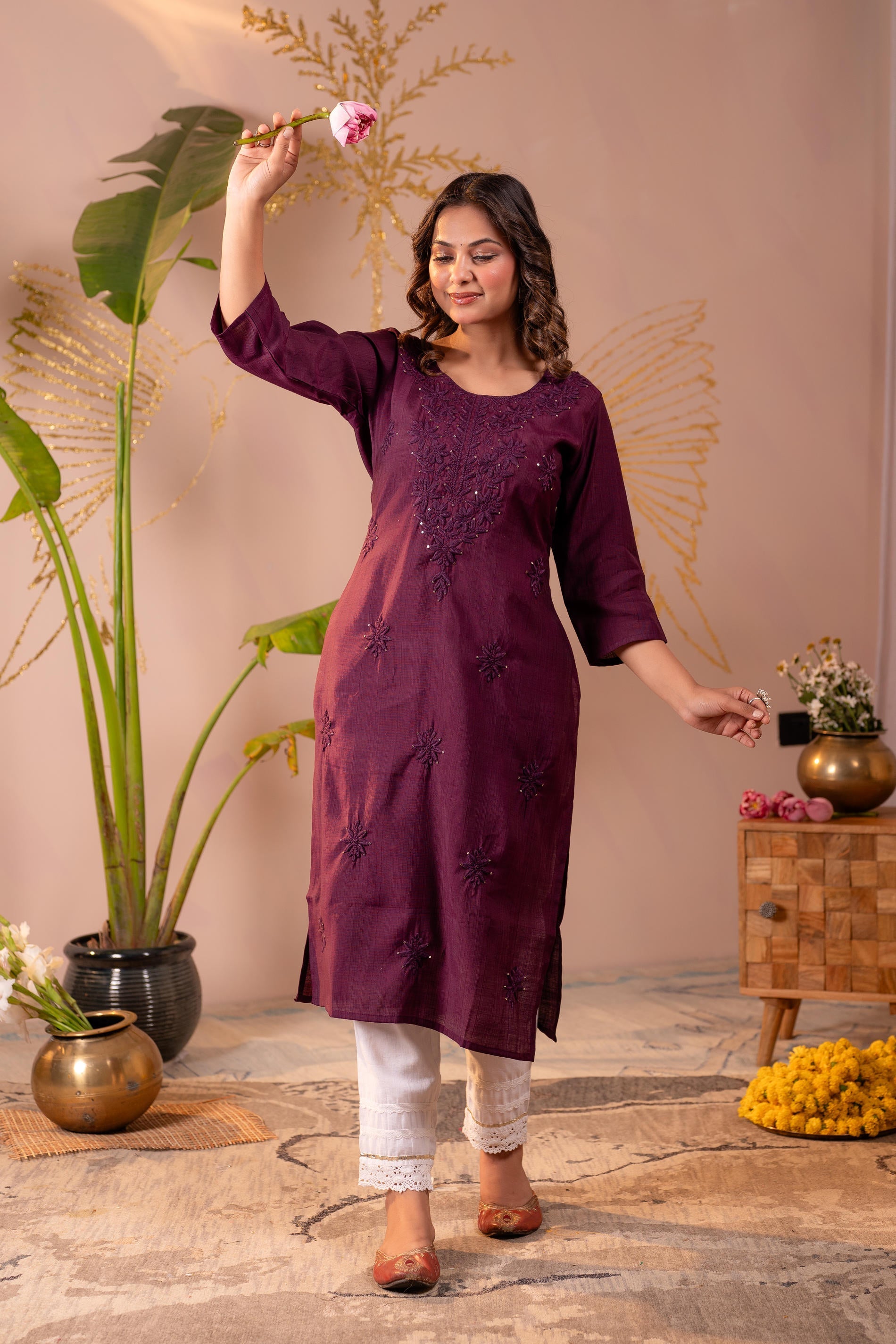 Juniper Wine Tonal Sequin Embellished Straight Kurta Set | Grocsy