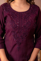 Juniper Wine Tonal Sequin Embellished Straight Kurta Set | Grocsy