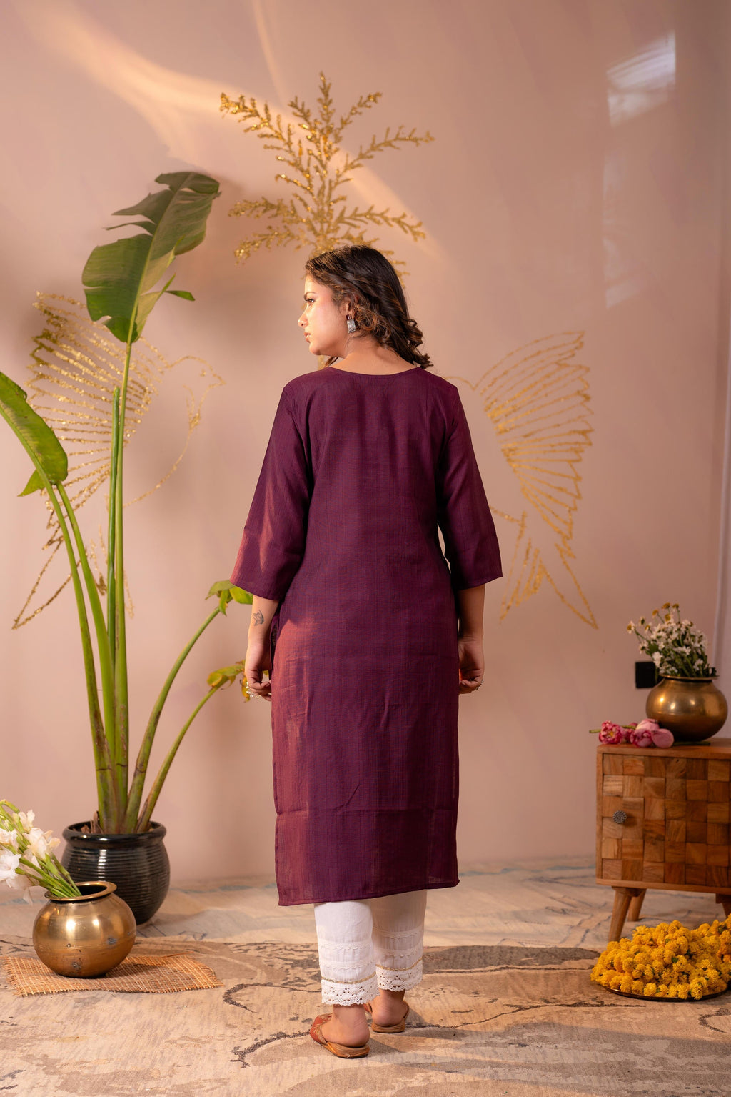 Juniper Wine Tonal Sequin Embellished Straight Kurta Set | Grocsy